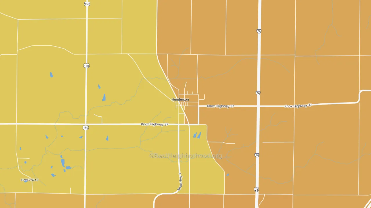 Map of the best neighborhoods in the 61439 area, with better matches in green and worse matches in red
