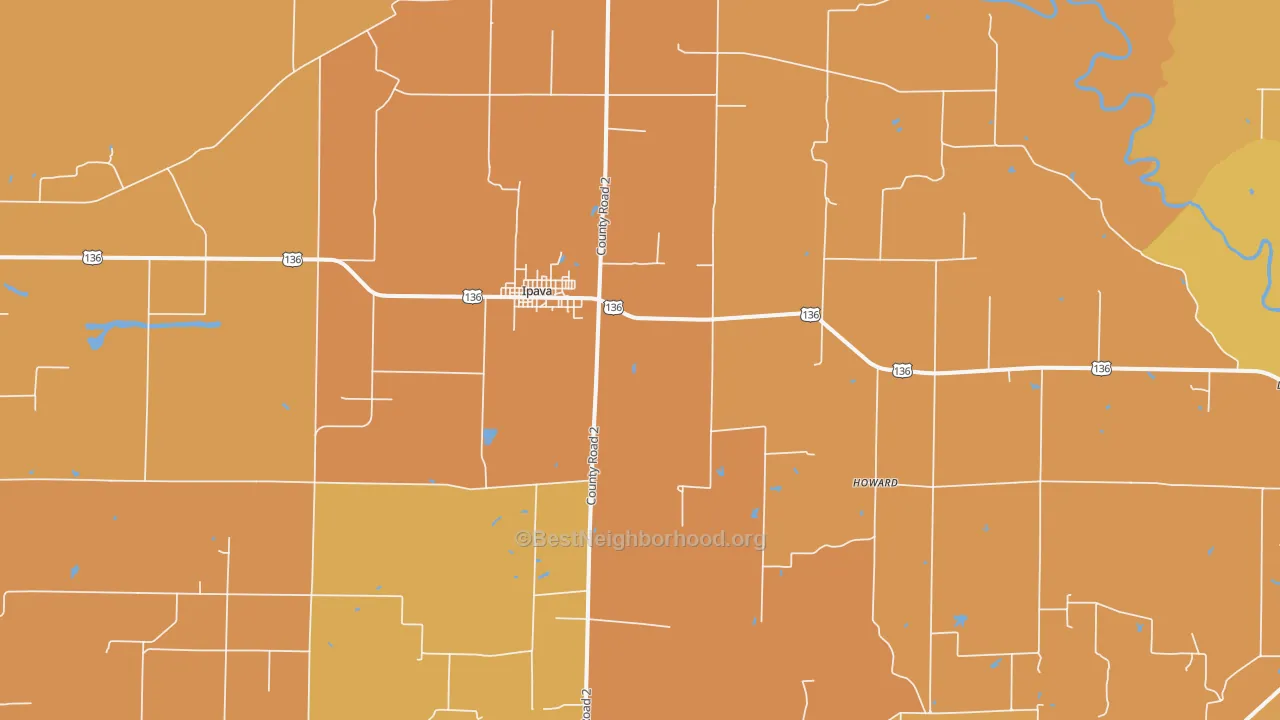 Map of the best neighborhoods in the 61441 area, with better matches in green and worse matches in red