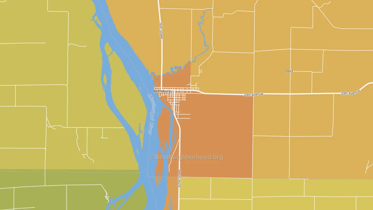 Map of the best neighborhoods in the 61442 area, with better matches in green and worse matches in red