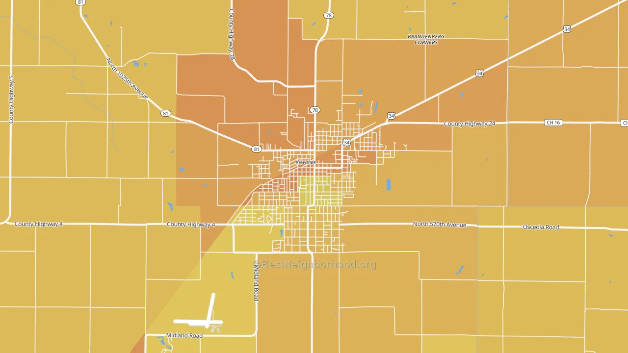 Map of the best neighborhoods in the 61443 area, with better matches in green and worse matches in red