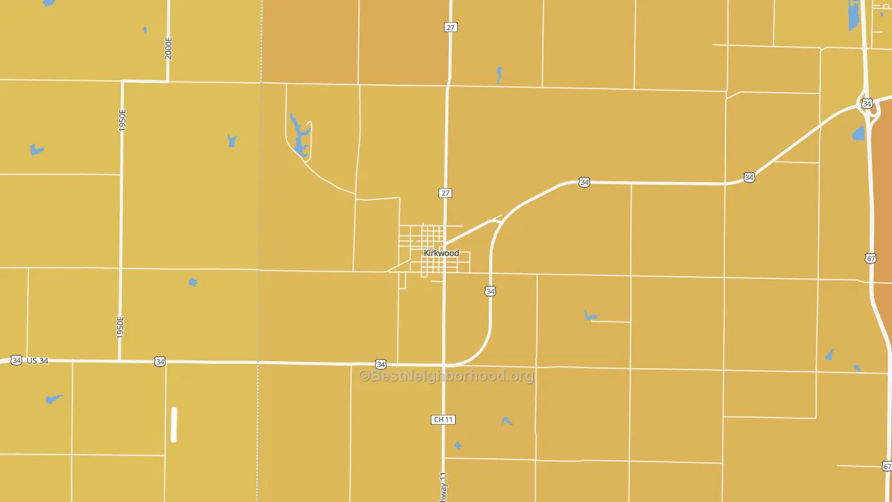 Map of the best neighborhoods in the 61447 area, with better matches in green and worse matches in red