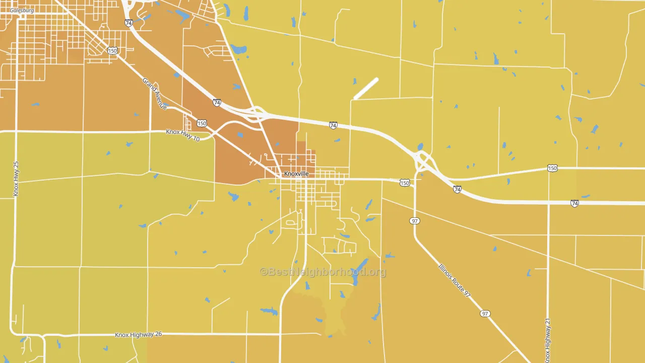 Map of the best neighborhoods in the 61448 area, with better matches in green and worse matches in red