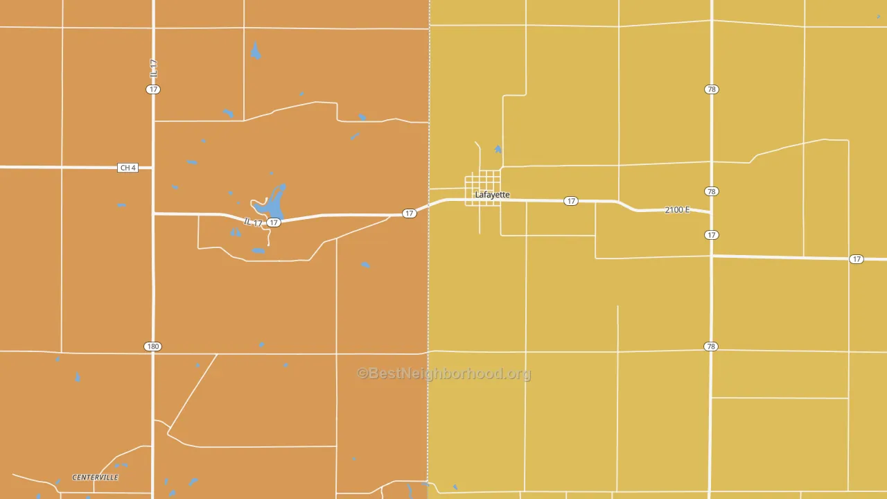 Map of the best neighborhoods in the 61449 area, with better matches in green and worse matches in red