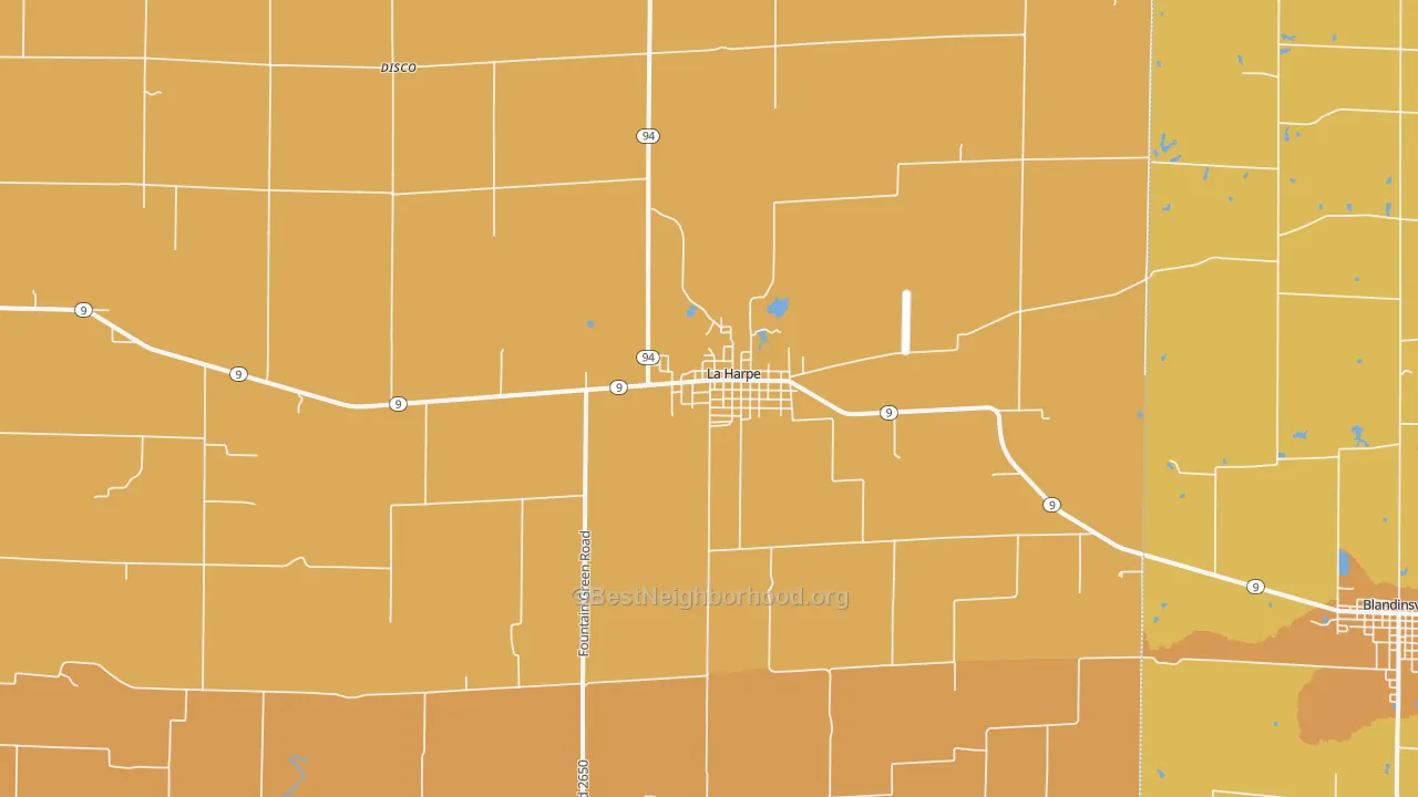 Map of the best neighborhoods in the 61450 area, with better matches in green and worse matches in red