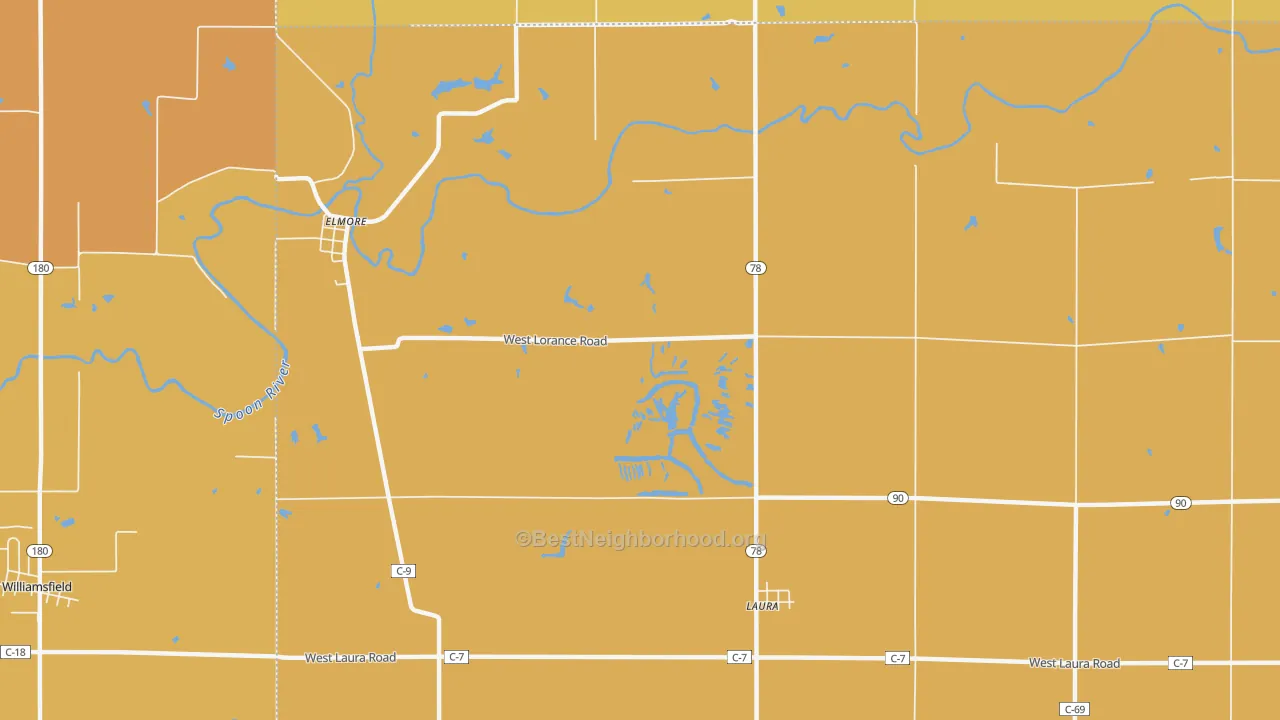 Map of the best neighborhoods in the 61451 area, with better matches in green and worse matches in red