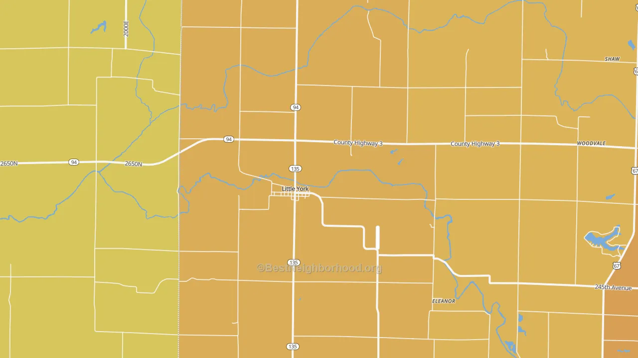 Map of the best neighborhoods in the 61453 area, with better matches in green and worse matches in red