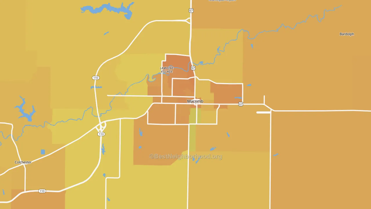 Map of the best neighborhoods in the 61455 area, with better matches in green and worse matches in red