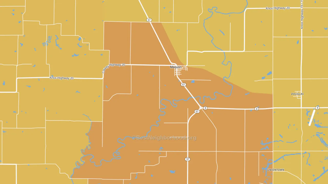 Map of the best neighborhoods in the 61458 area, with better matches in green and worse matches in red