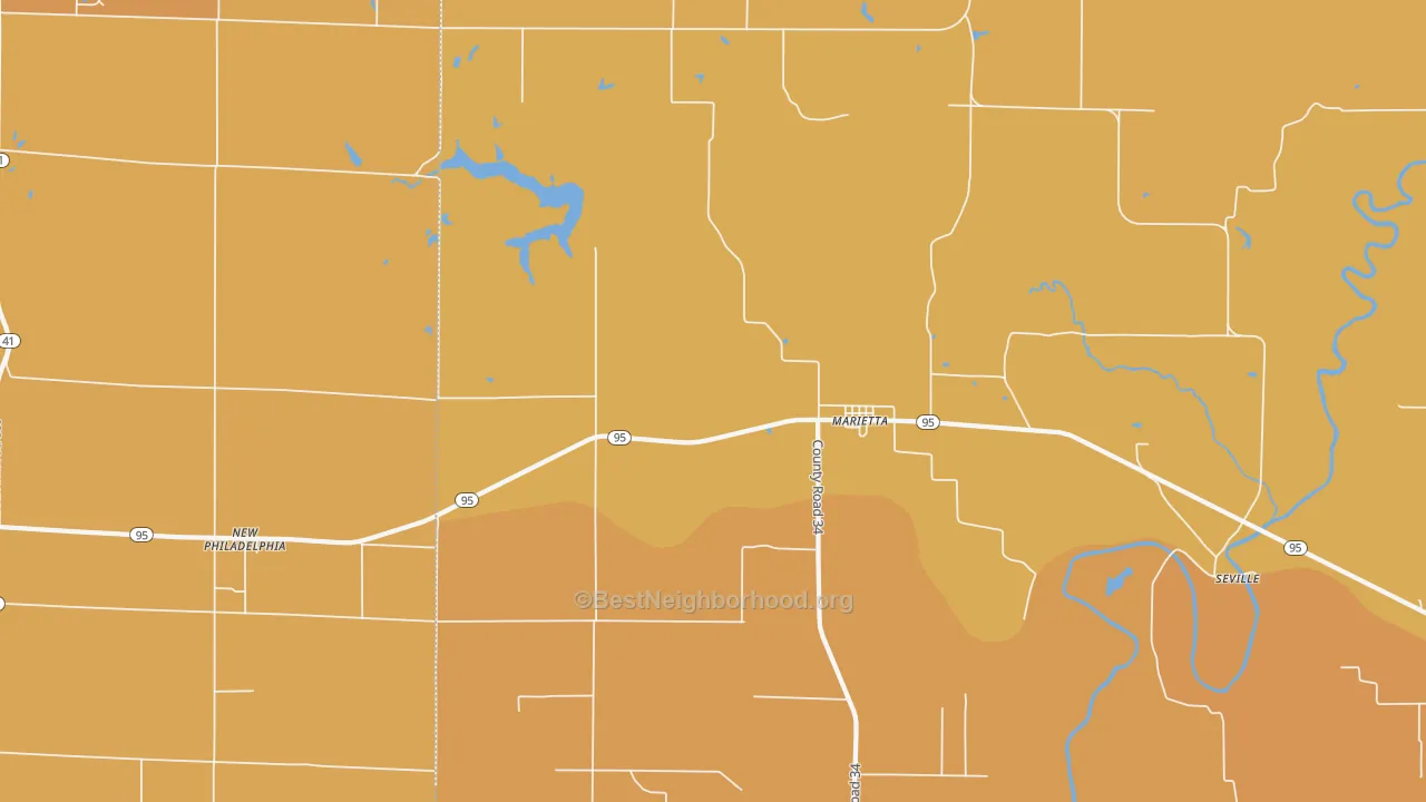 Map of the best neighborhoods in the 61459 area, with better matches in green and worse matches in red