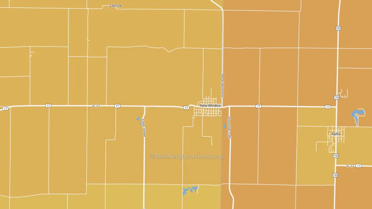 Map of the best neighborhoods in the 61465 area, with better matches in green and worse matches in red