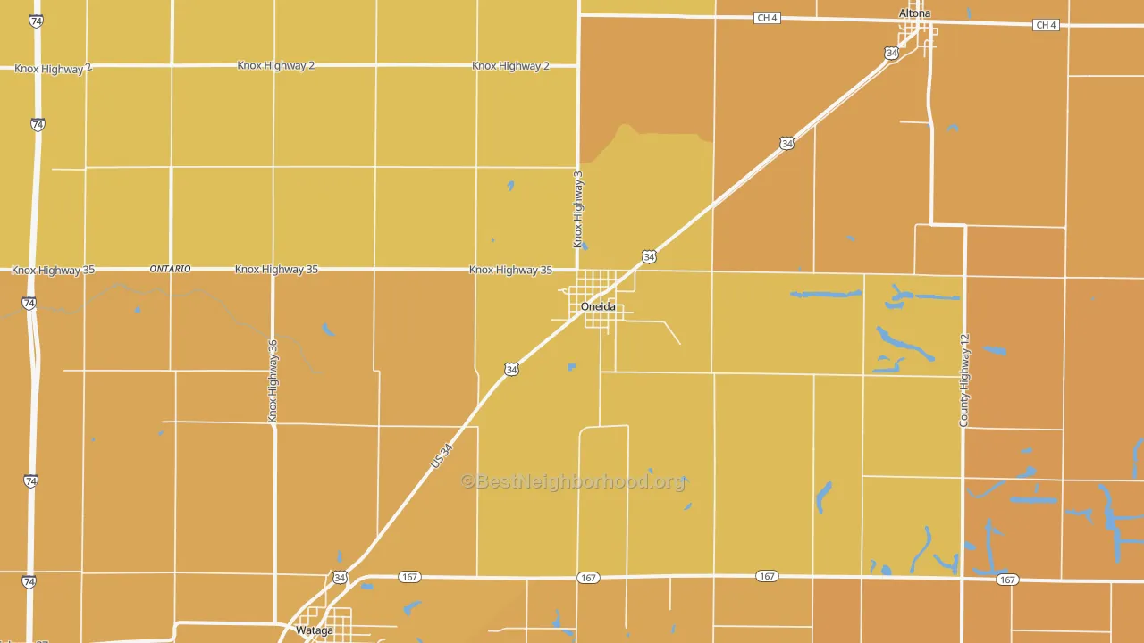 Map of the best neighborhoods in the 61467 area, with better matches in green and worse matches in red