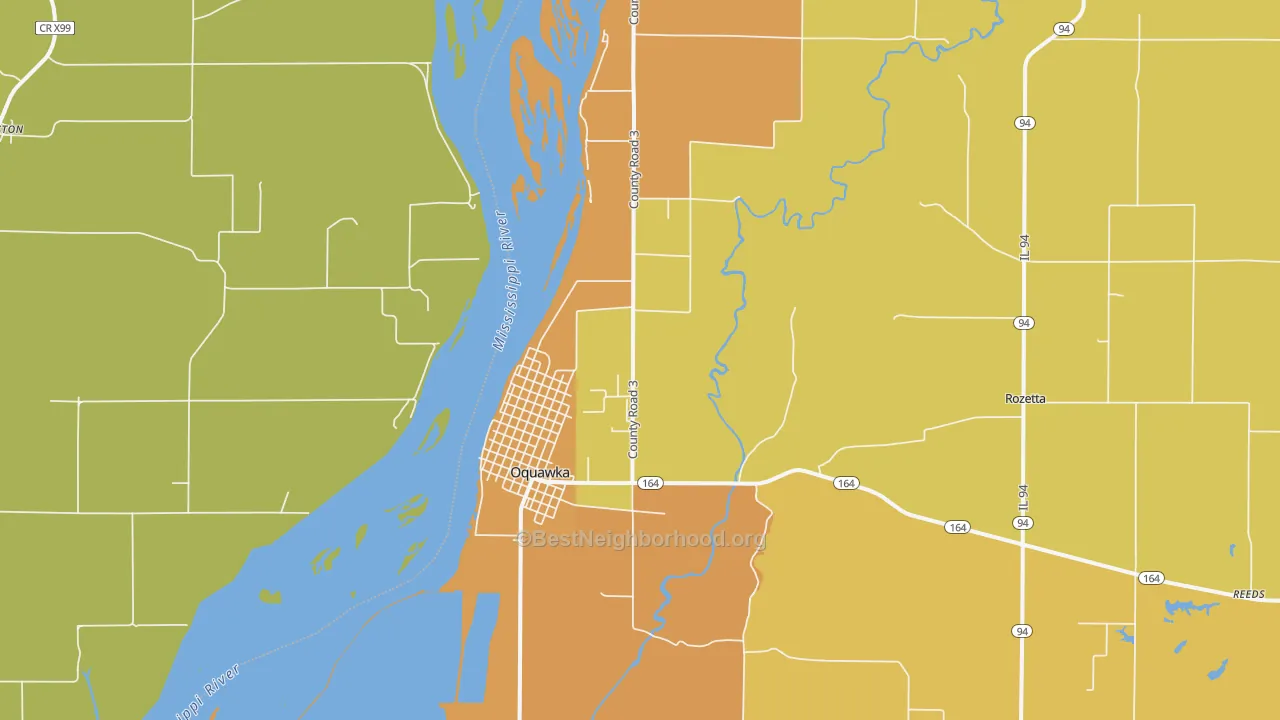 Map of the best neighborhoods in the 61469 area, with better matches in green and worse matches in red