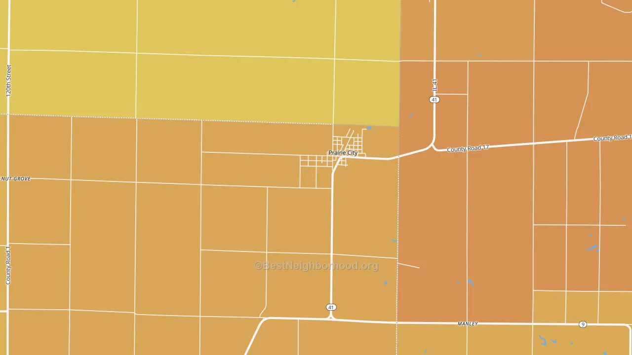 Map of the best neighborhoods in the 61470 area, with better matches in green and worse matches in red