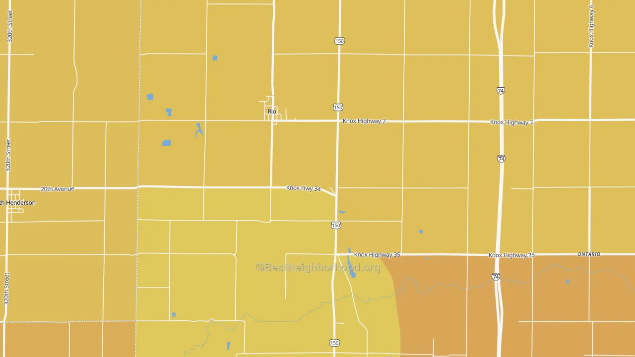 Map of the best neighborhoods in the 61472 area, with better matches in green and worse matches in red