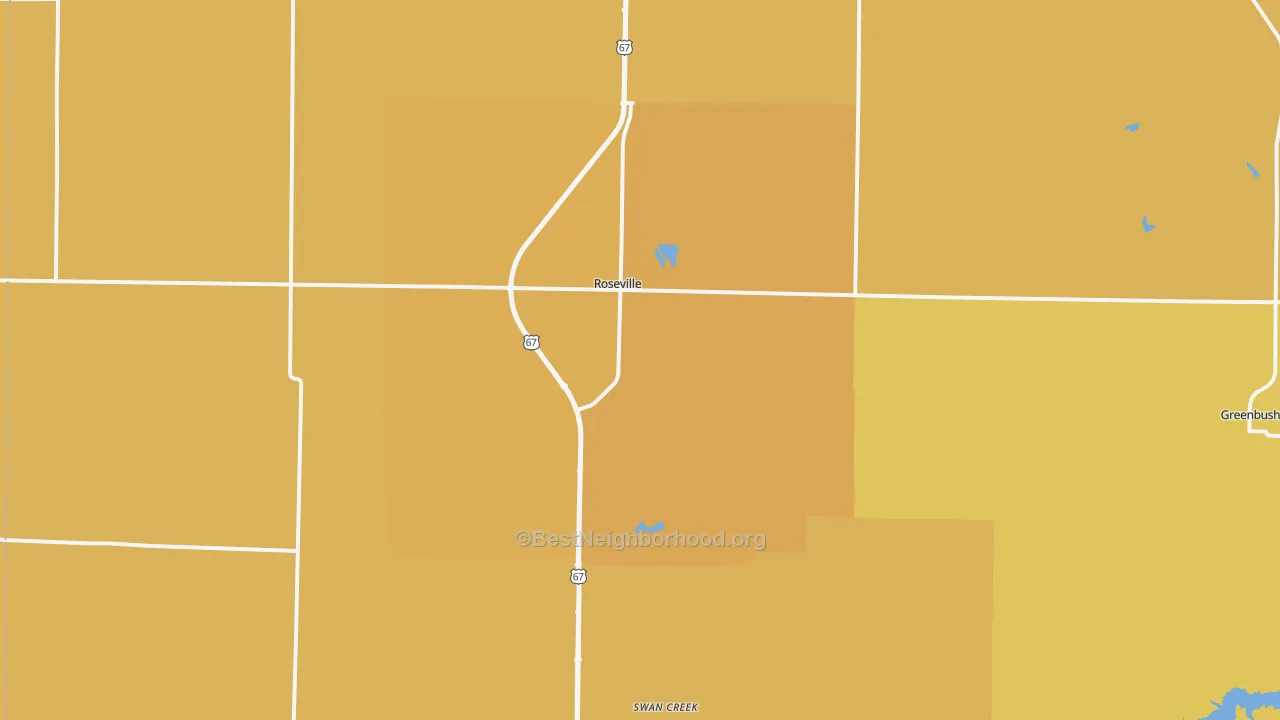 Map of the best neighborhoods in the 61473 area, with better matches in green and worse matches in red