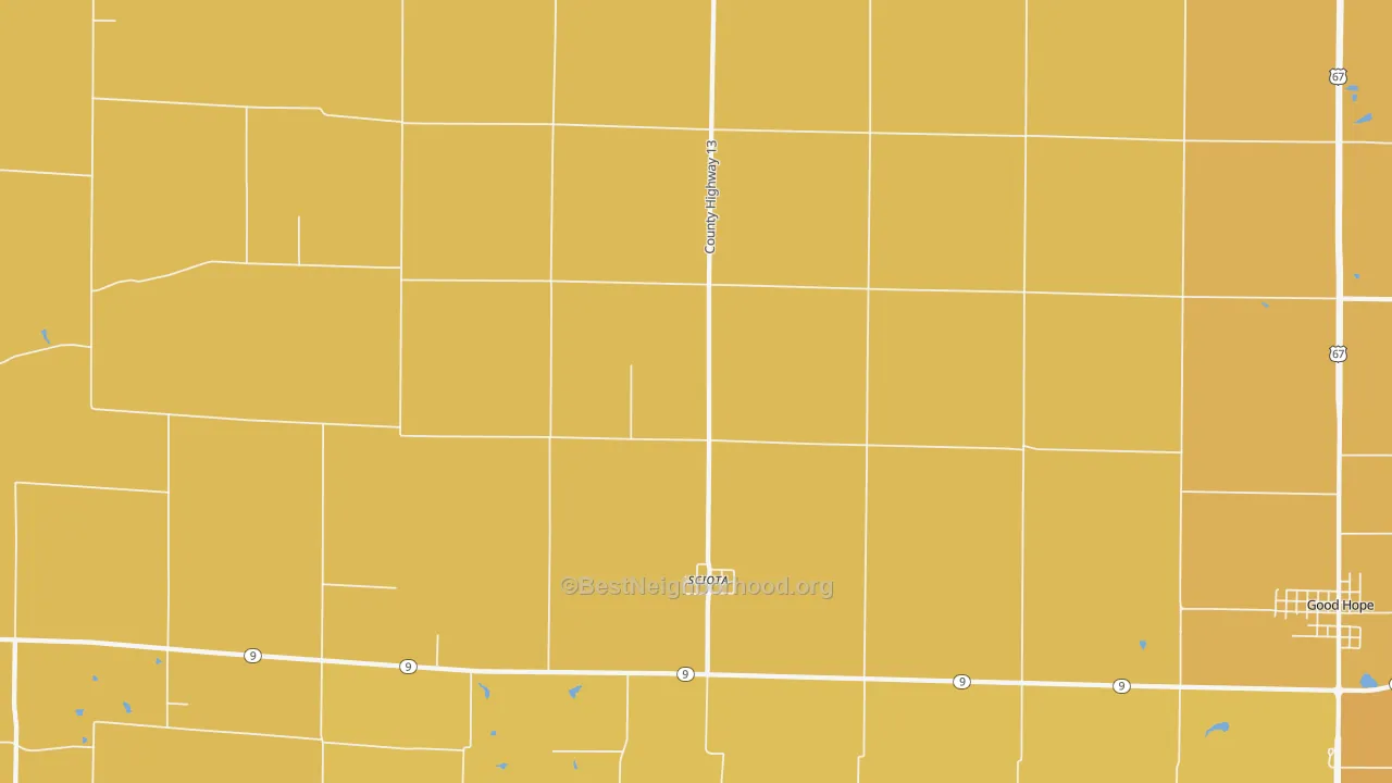 Map of the best neighborhoods in the 61475 area, with better matches in green and worse matches in red