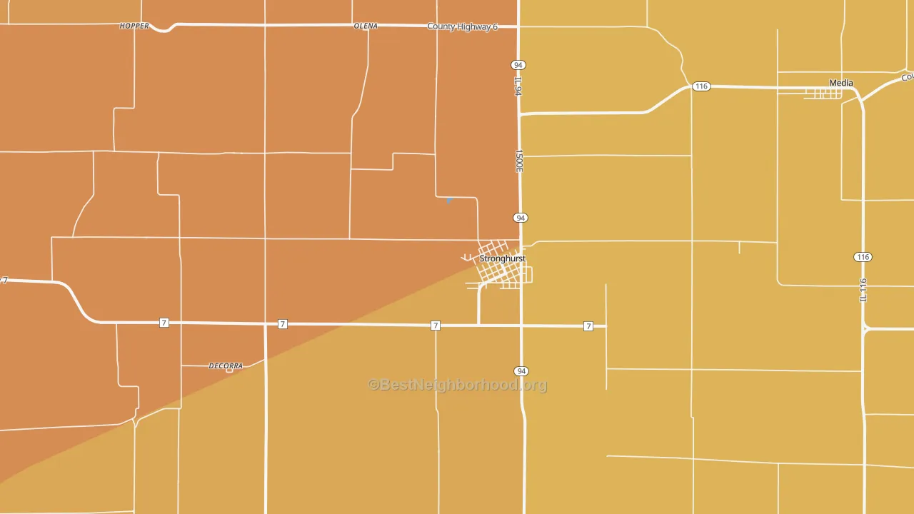 Map of the best neighborhoods in the 61480 area, with better matches in green and worse matches in red