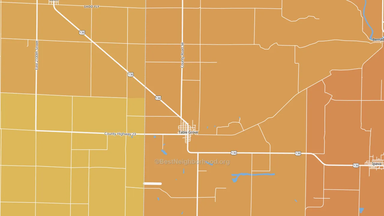 Map of the best neighborhoods in the 61482 area, with better matches in green and worse matches in red