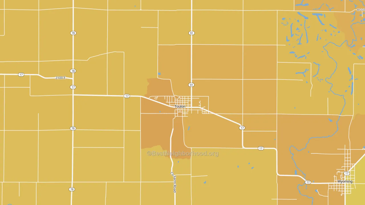 Map of the best neighborhoods in the 61483 area, with better matches in green and worse matches in red