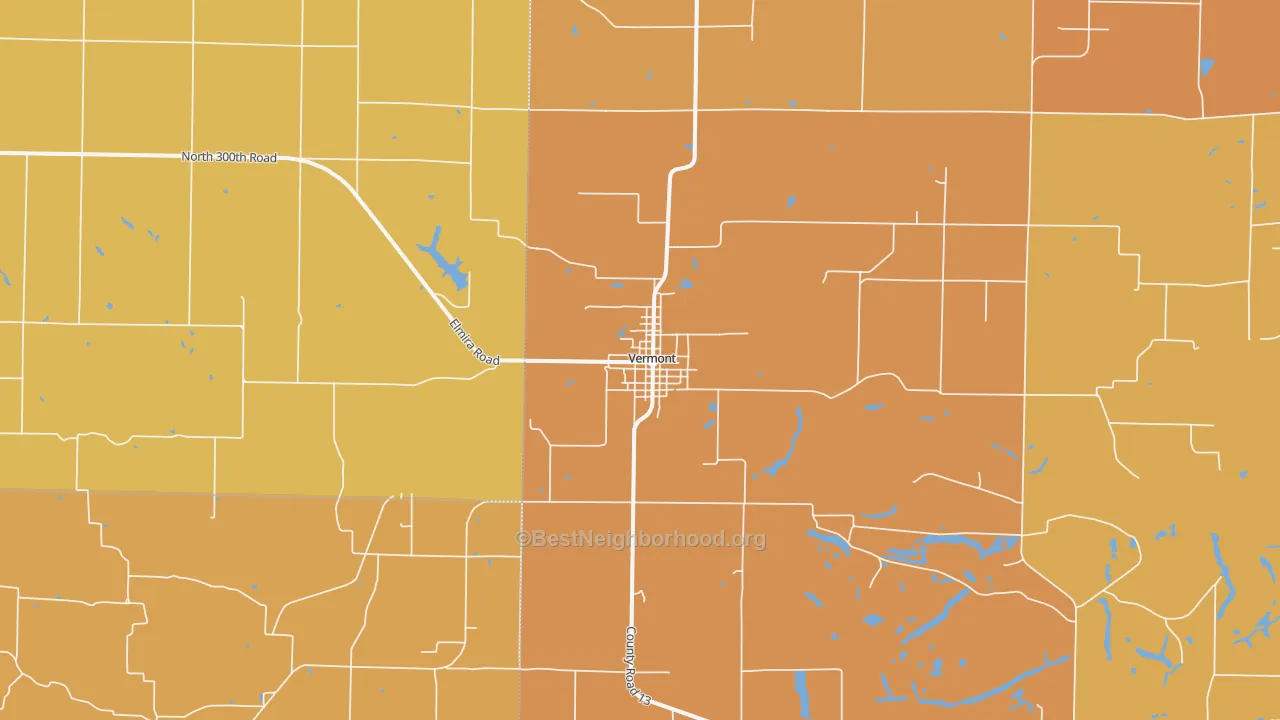 Map of the best neighborhoods in the 61484 area, with better matches in green and worse matches in red