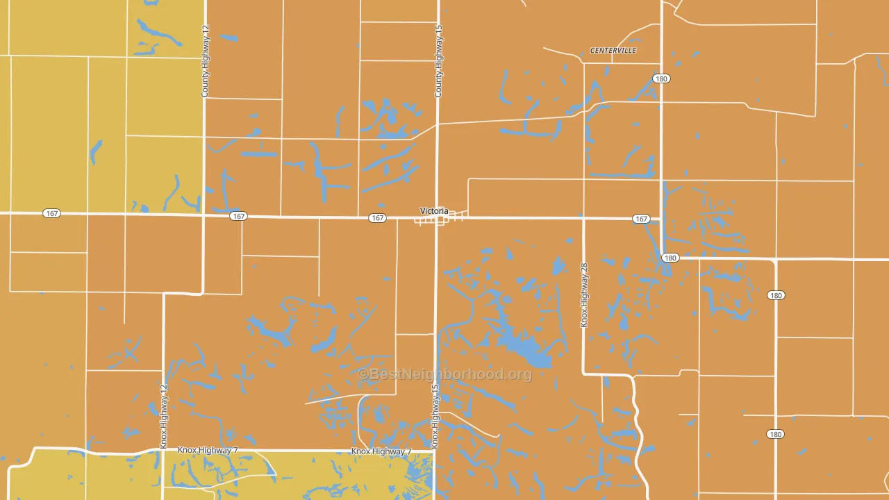 Map of the best neighborhoods in the 61485 area, with better matches in green and worse matches in red