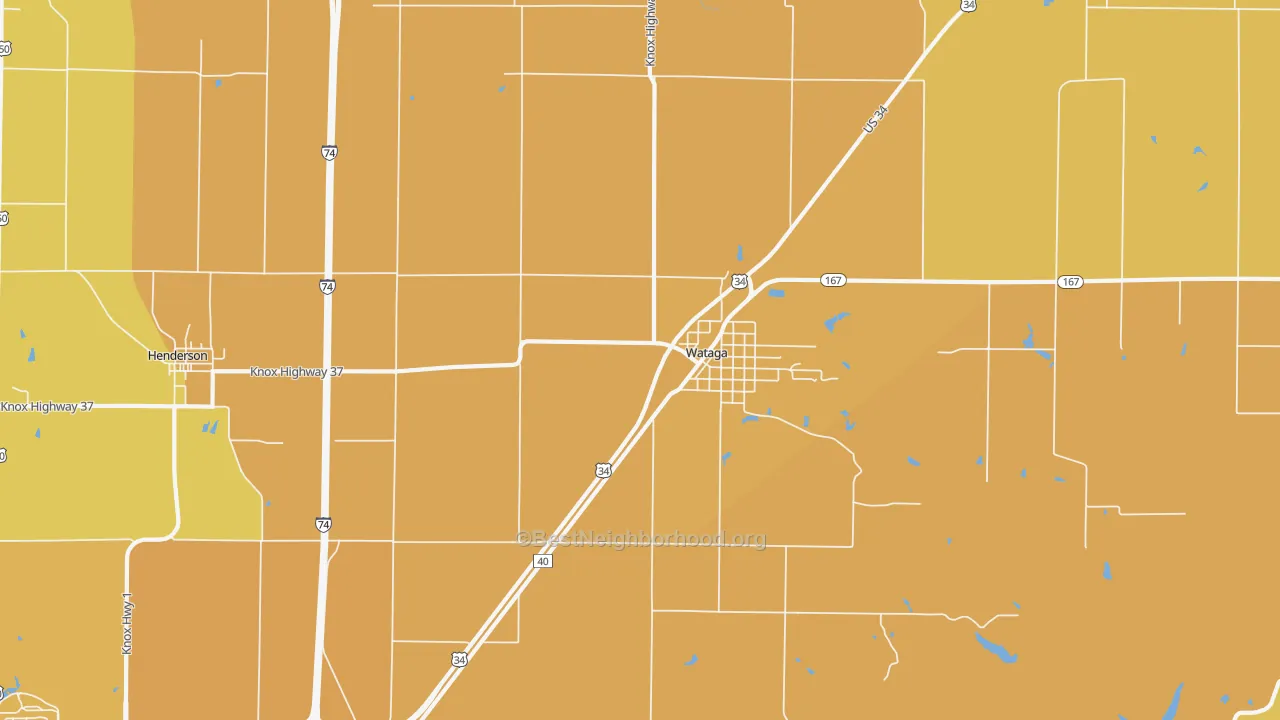 Map of the best neighborhoods in the 61488 area, with better matches in green and worse matches in red