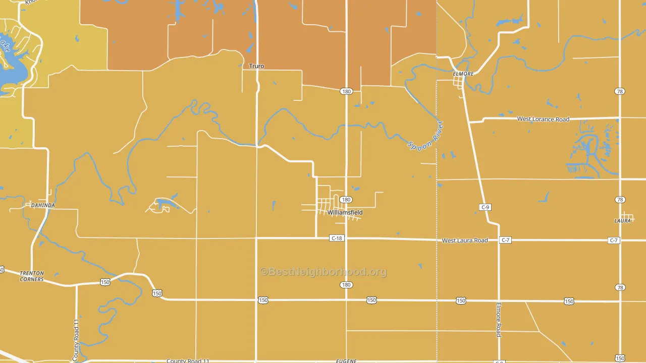 Map of the best neighborhoods in the 61489 area, with better matches in green and worse matches in red