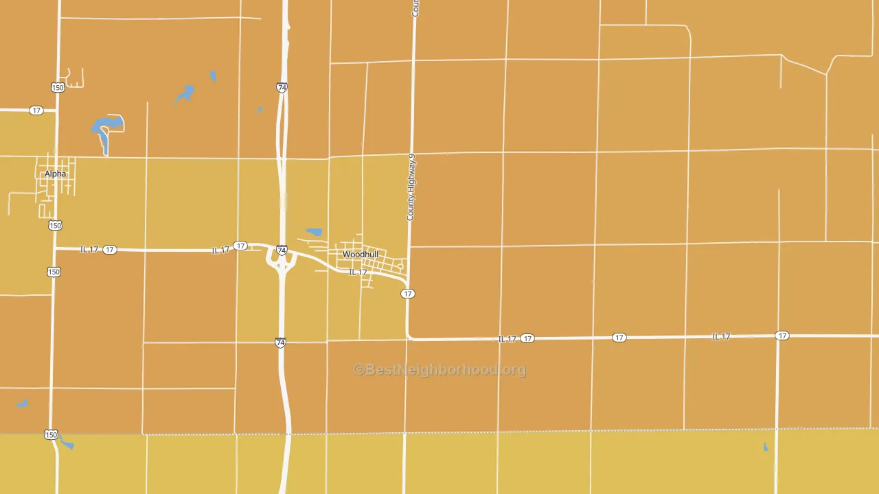 Map of the best neighborhoods in the 61490 area, with better matches in green and worse matches in red