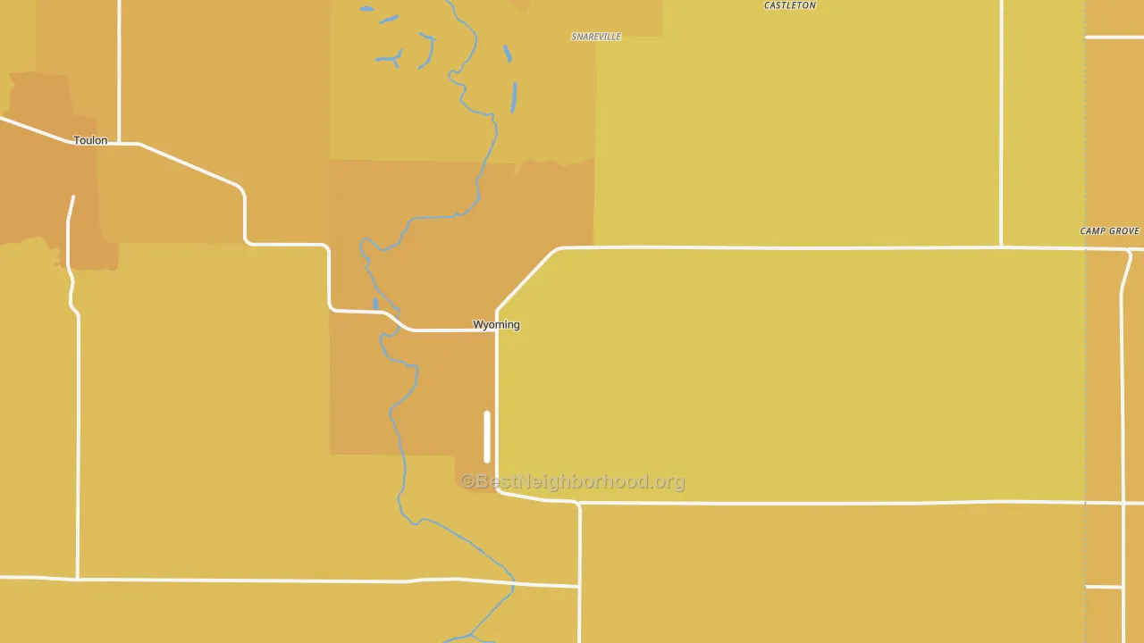 Map of the best neighborhoods in the 61491 area, with better matches in green and worse matches in red