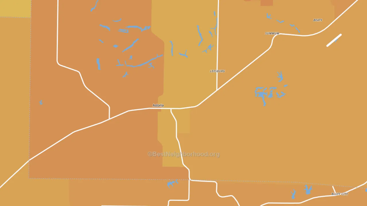 Map of the best neighborhoods in the 61501 area, with better matches in green and worse matches in red