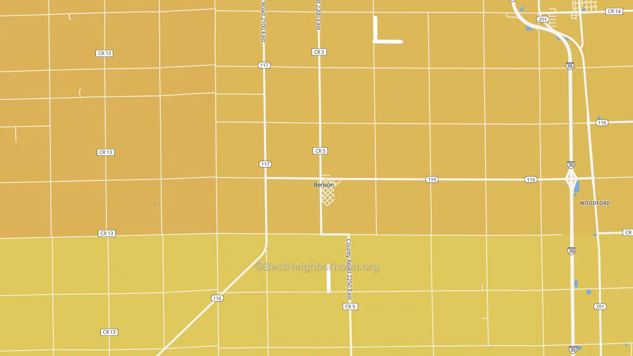 Map of the best neighborhoods in the 61516 area, with better matches in green and worse matches in red