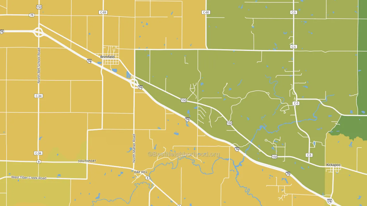 Map of the best neighborhoods in the 61517 area, with better matches in green and worse matches in red