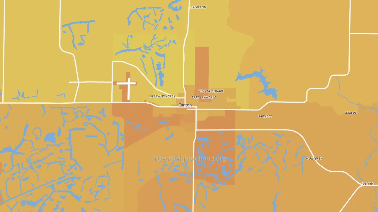 Map of the best neighborhoods in the 61520 area, with better matches in green and worse matches in red