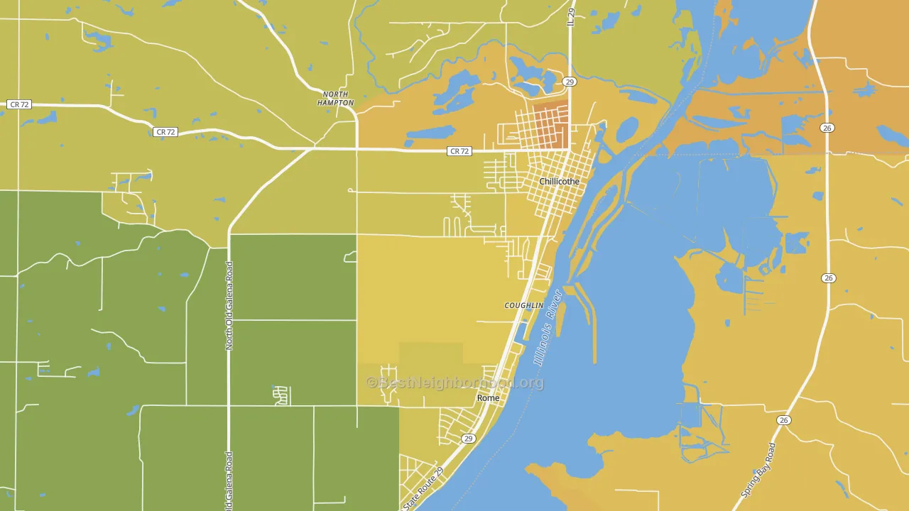 Map of the best neighborhoods in the 61523 area, with better matches in green and worse matches in red