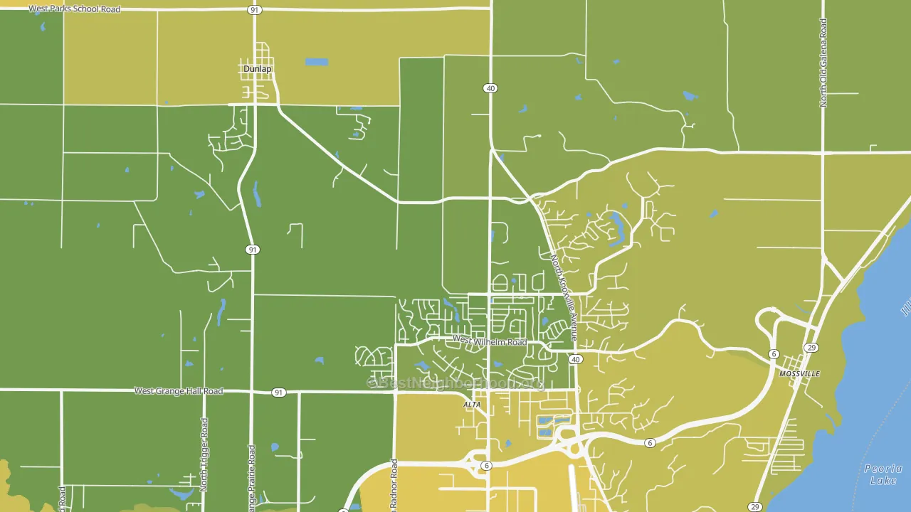 Map of the best neighborhoods in the 61525 area, with better matches in green and worse matches in red