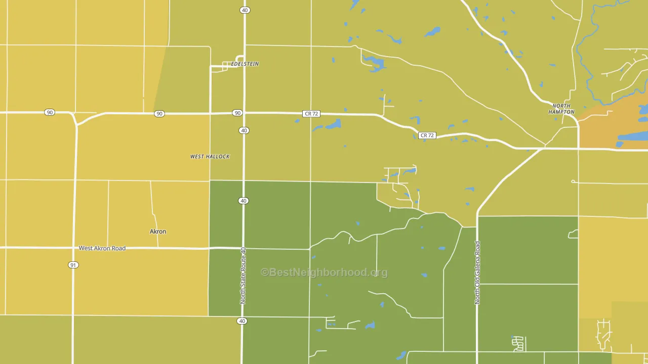 Map of the best neighborhoods in the 61526 area, with better matches in green and worse matches in red