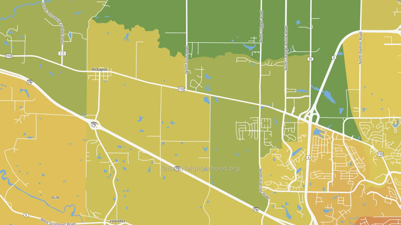 Map of the best neighborhoods in the 61528 area, with better matches in green and worse matches in red