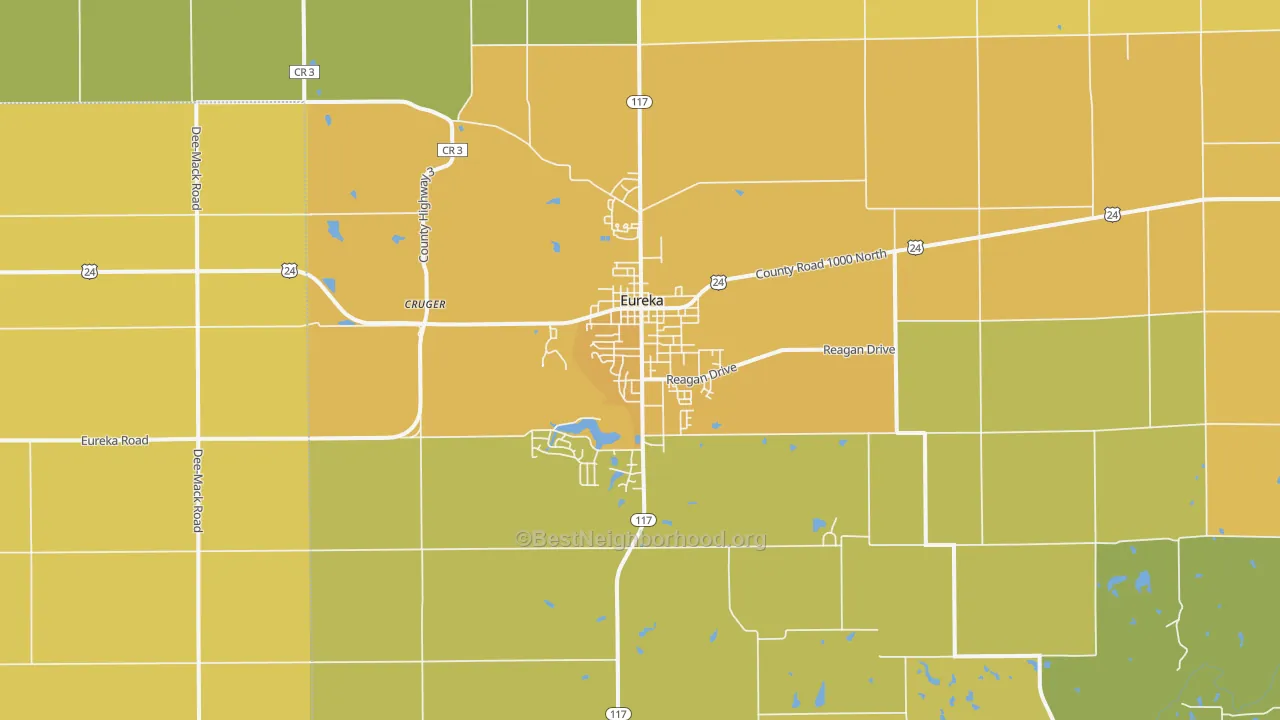 Map of the best neighborhoods in the 61530 area, with better matches in green and worse matches in red