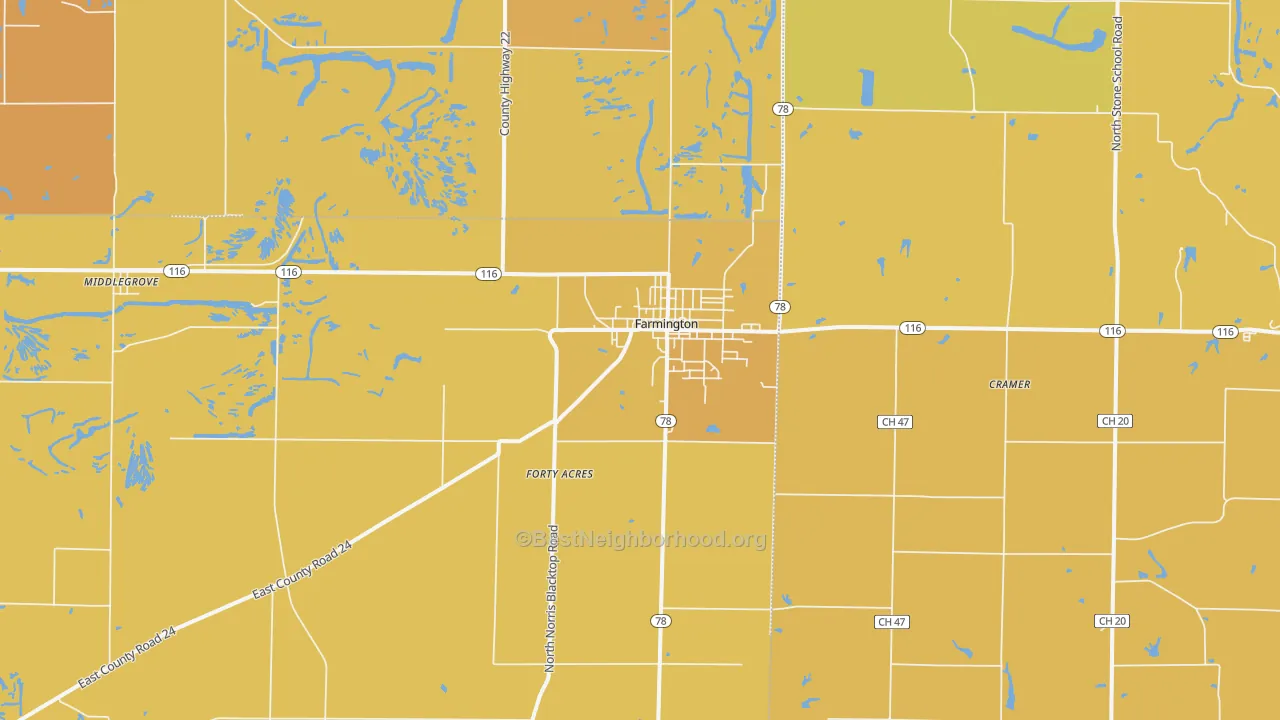 Map of the best neighborhoods in the 61531 area, with better matches in green and worse matches in red