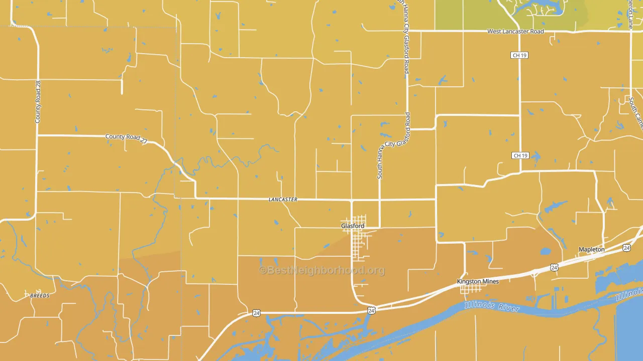Map of the best neighborhoods in the 61533 area, with better matches in green and worse matches in red