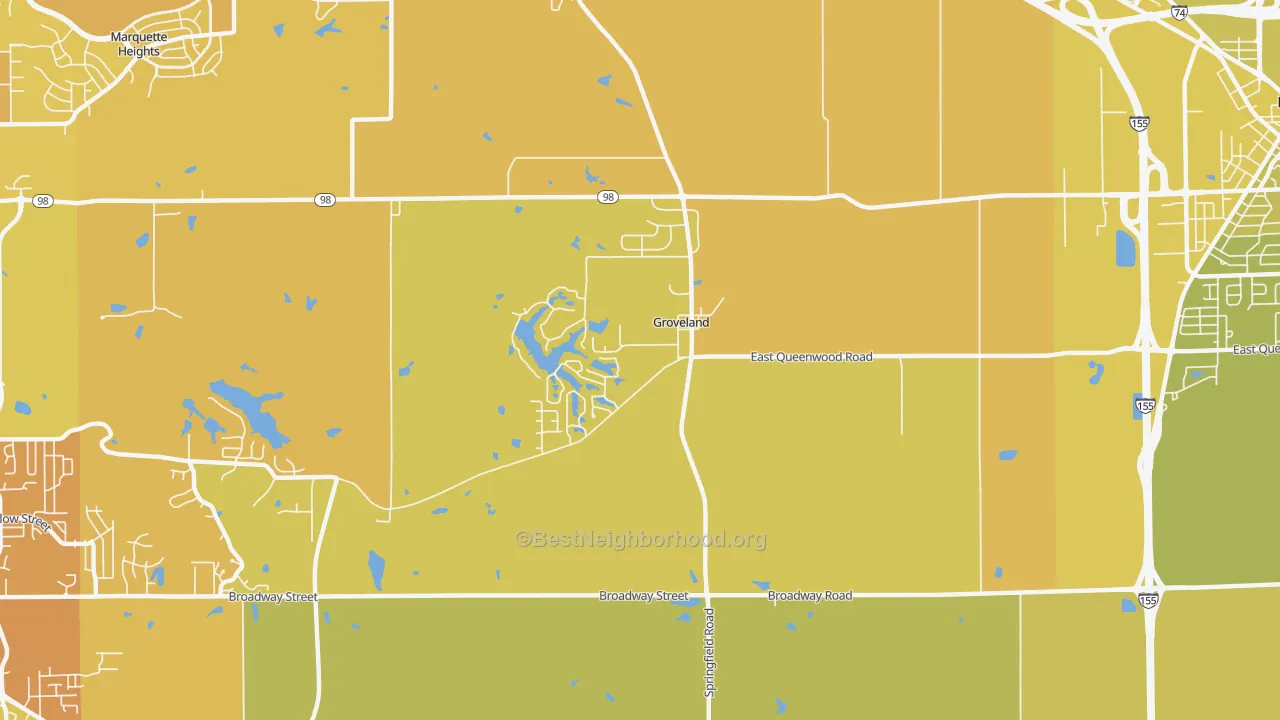 Map of the best neighborhoods in the 61535 area, with better matches in green and worse matches in red