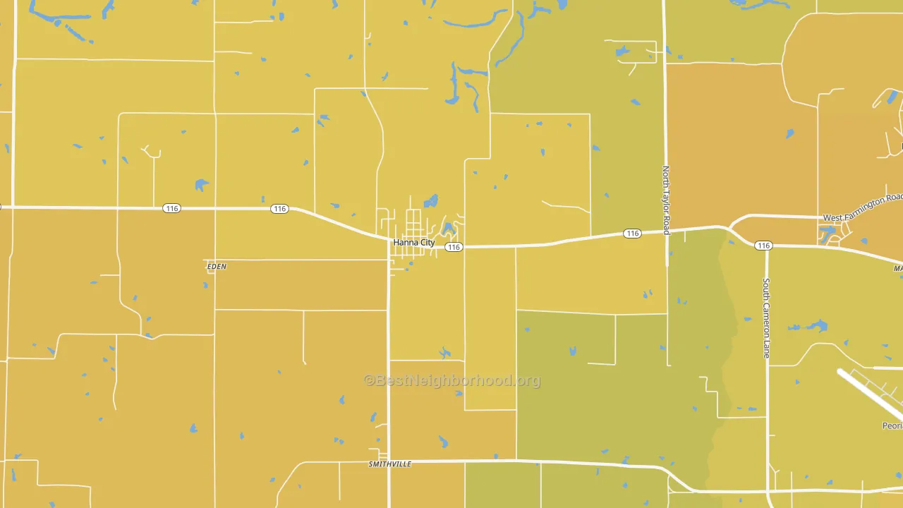 Map of the best neighborhoods in the 61536 area, with better matches in green and worse matches in red