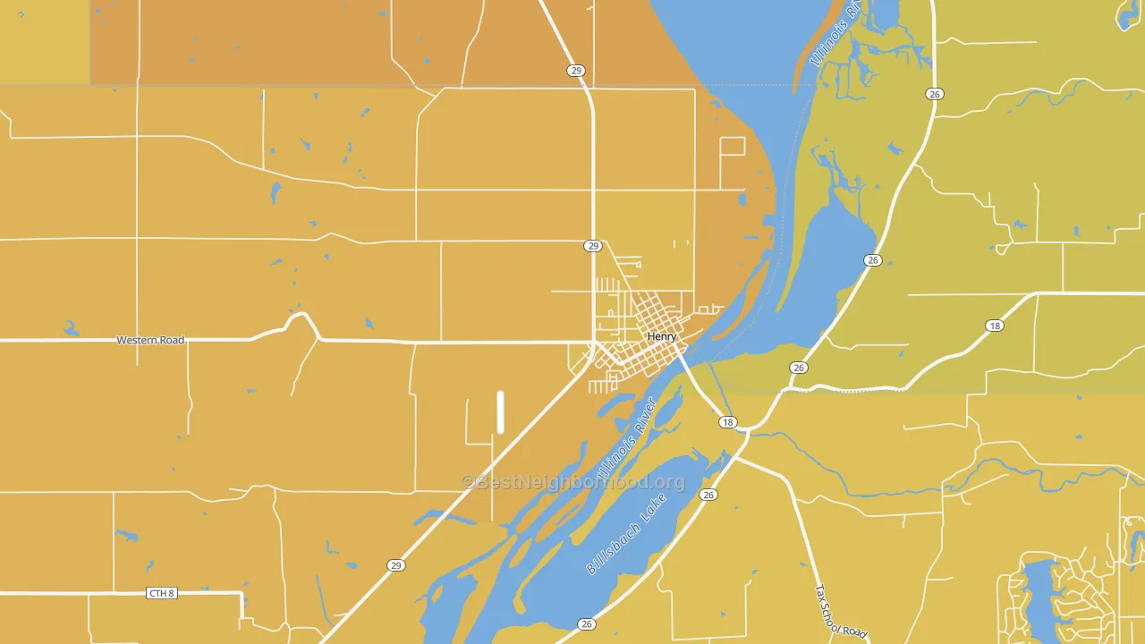 Map of the best neighborhoods in the 61537 area, with better matches in green and worse matches in red