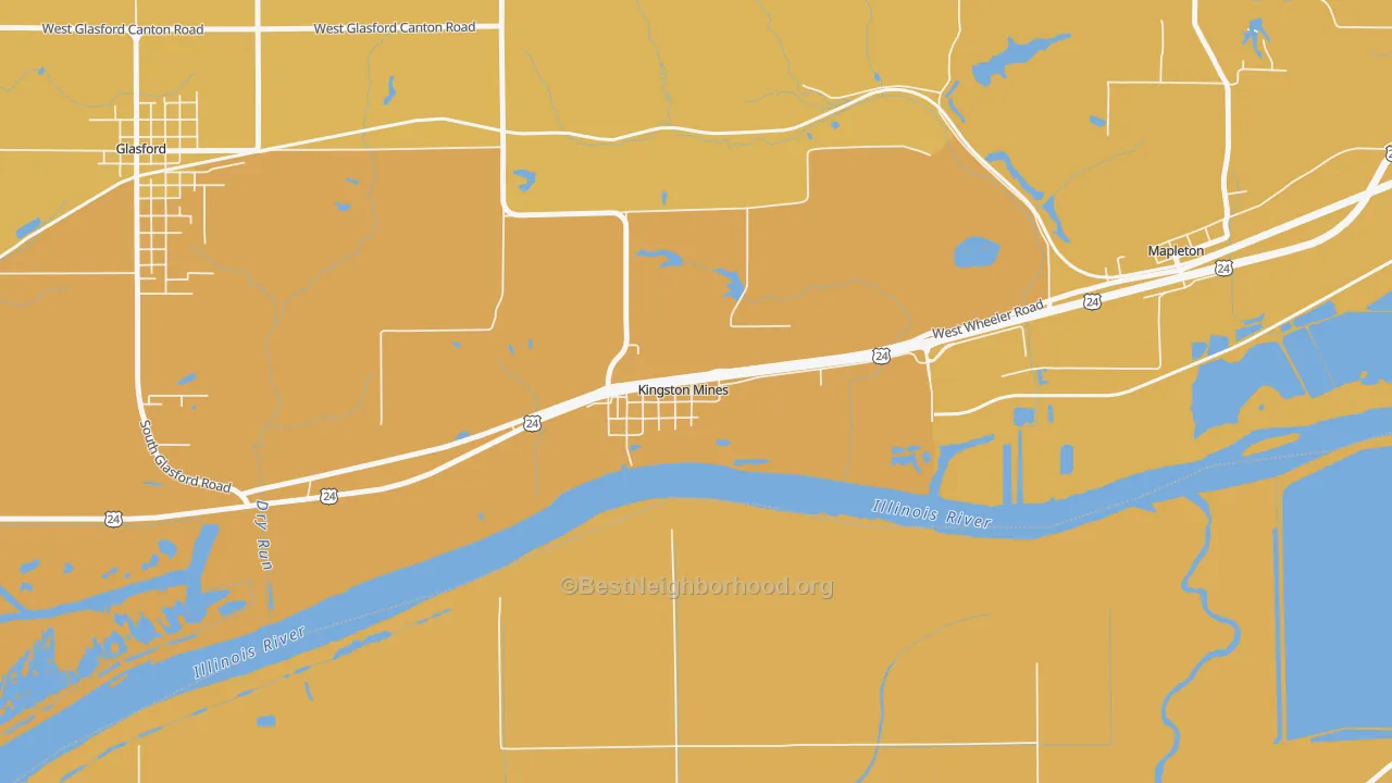 Map of the best neighborhoods in the 61539 area, with better matches in green and worse matches in red
