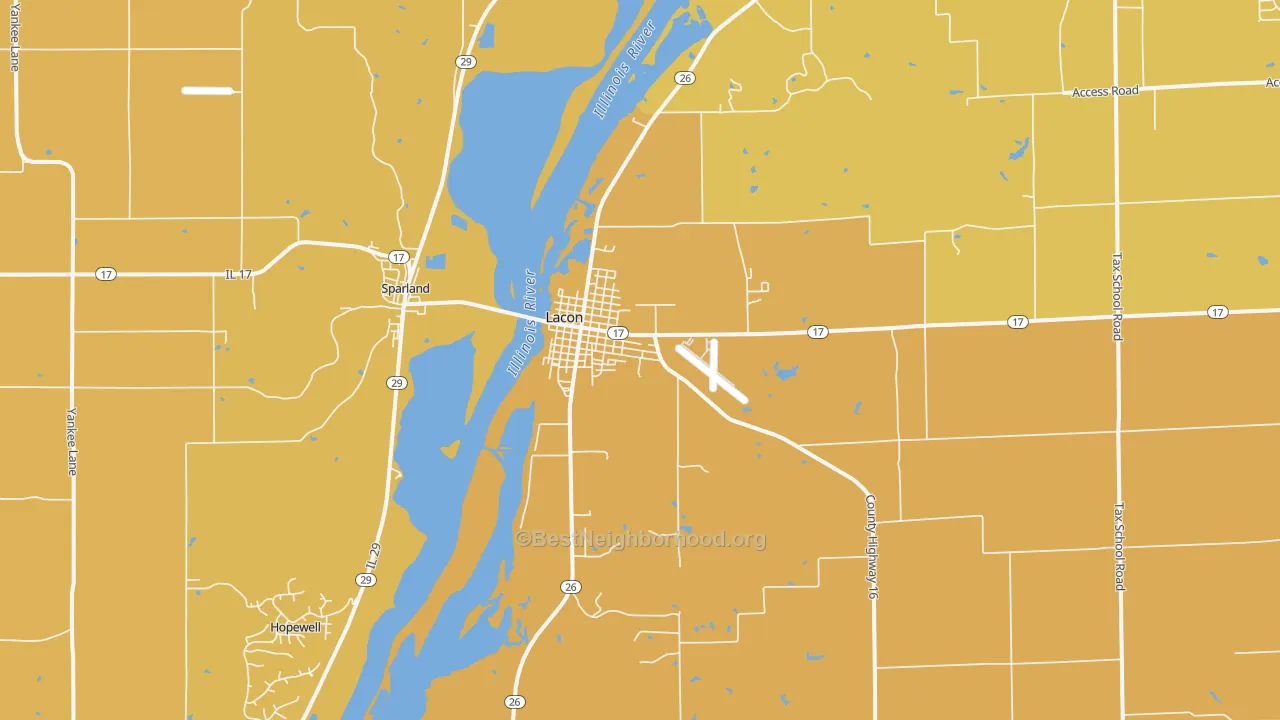 Map of the best neighborhoods in the 61540 area, with better matches in green and worse matches in red