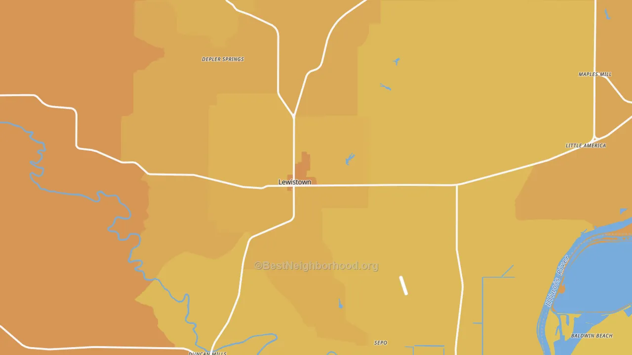 Map of the best neighborhoods in the 61542 area, with better matches in green and worse matches in red