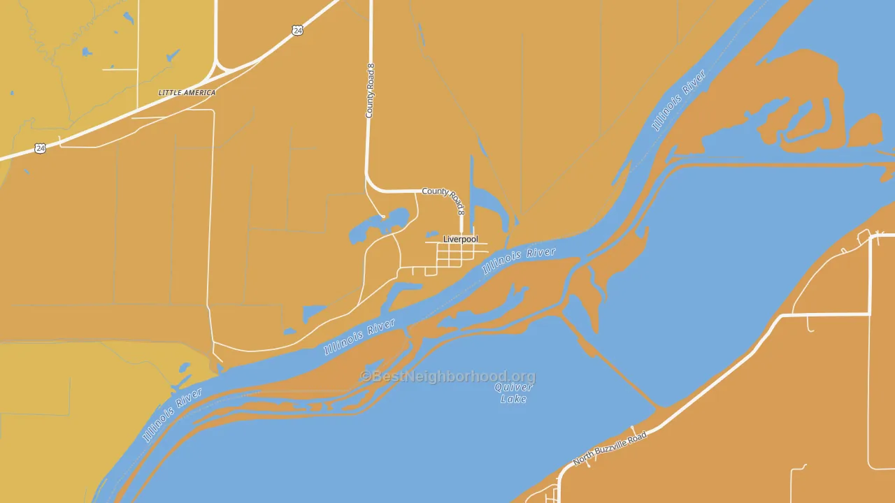 Map of the best neighborhoods in the 61543 area, with better matches in green and worse matches in red