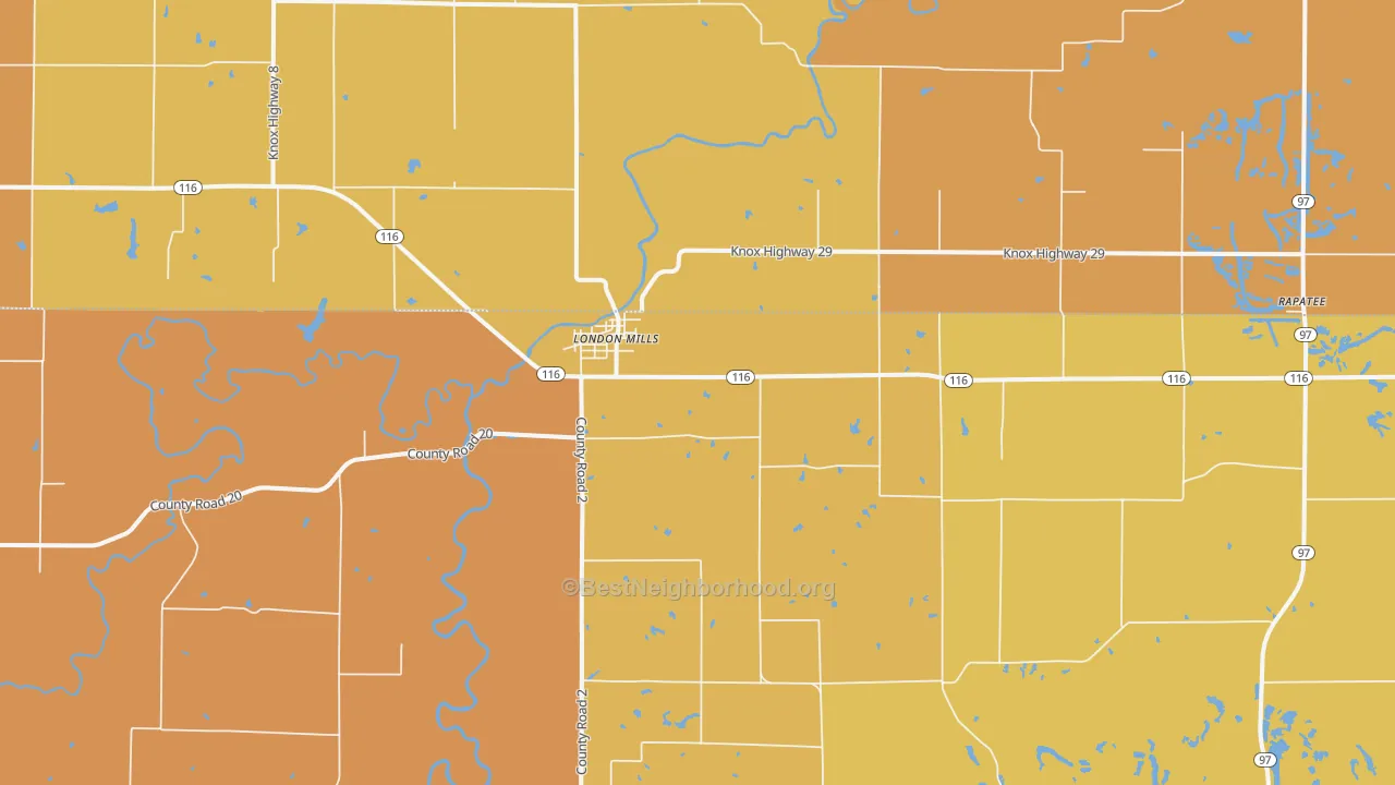 Map of the best neighborhoods in the 61544 area, with better matches in green and worse matches in red