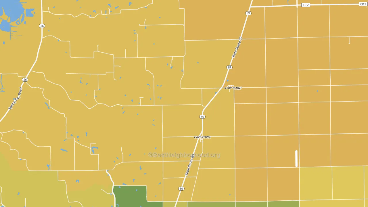 Map of the best neighborhoods in the 61545 area, with better matches in green and worse matches in red