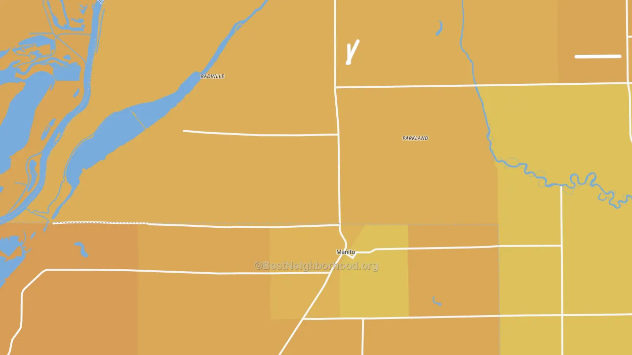 Map of the best neighborhoods in the 61546 area, with better matches in green and worse matches in red